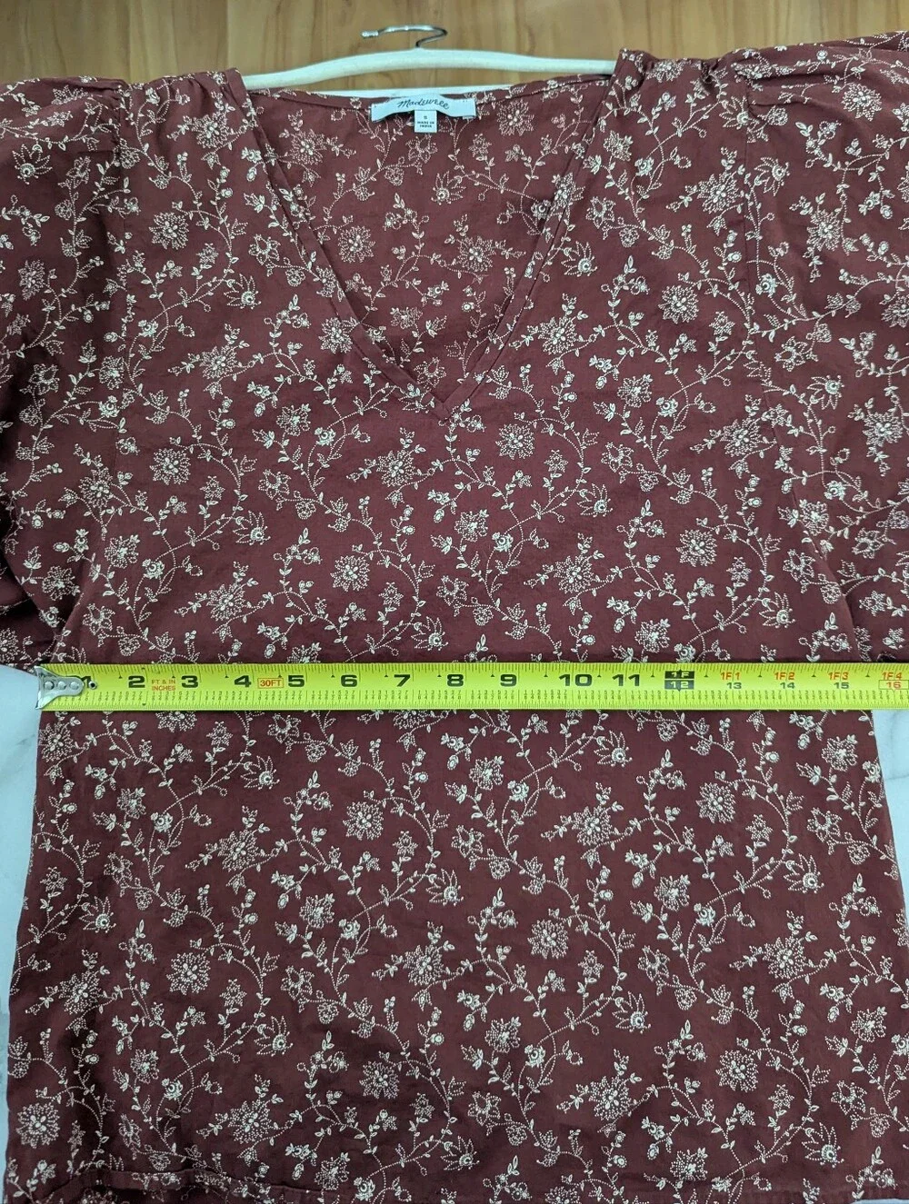 Madewell V Neck Puff Sleeve Floral Print Blouse Woven Burgundy Beige Small S